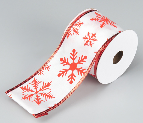 Лента новогодняя 6,3см*10ярд снежинки белая, красная